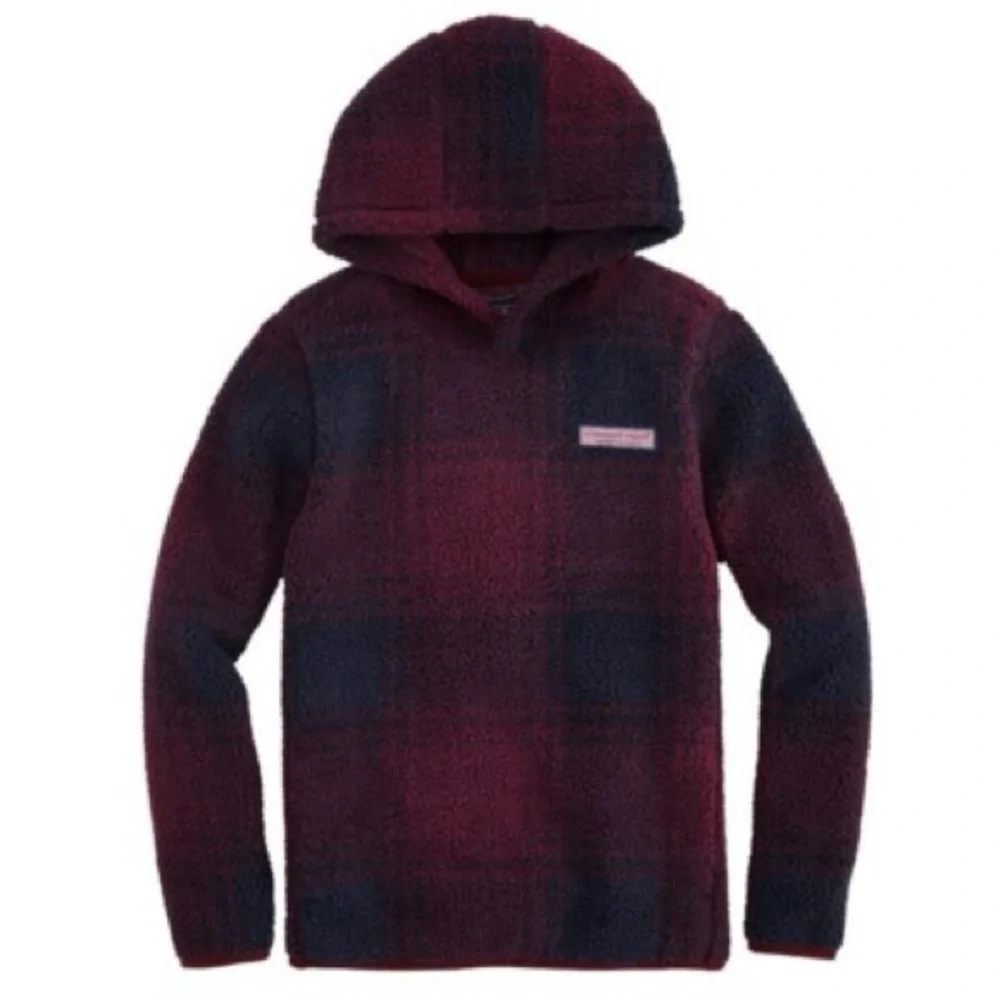 VINEYARD VINES Stillwater Sherpa Hoodie Red Navy Plaid Hooded Fleece Sweatshirt - Picture 1 of 14